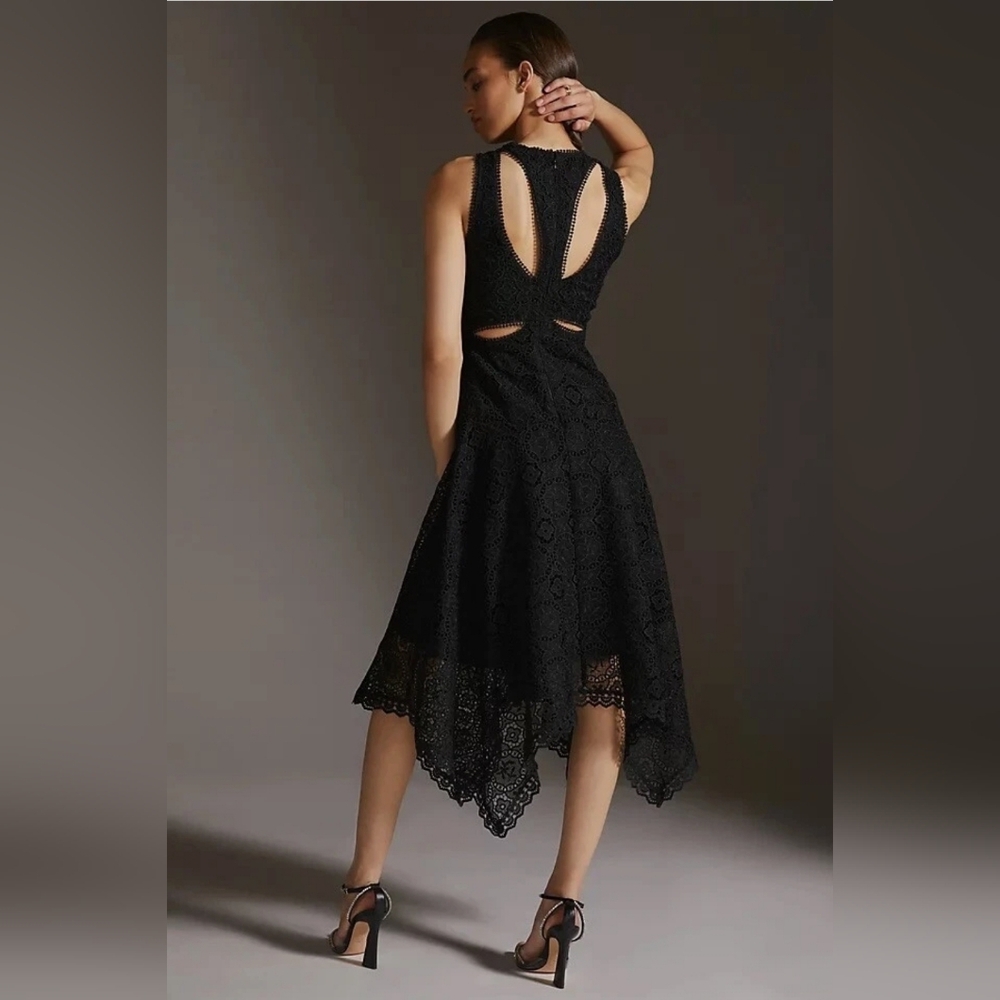 Anthropologie Black Lace Midi Dress Cutout Detail, Handkerchief Hem (Size US 4